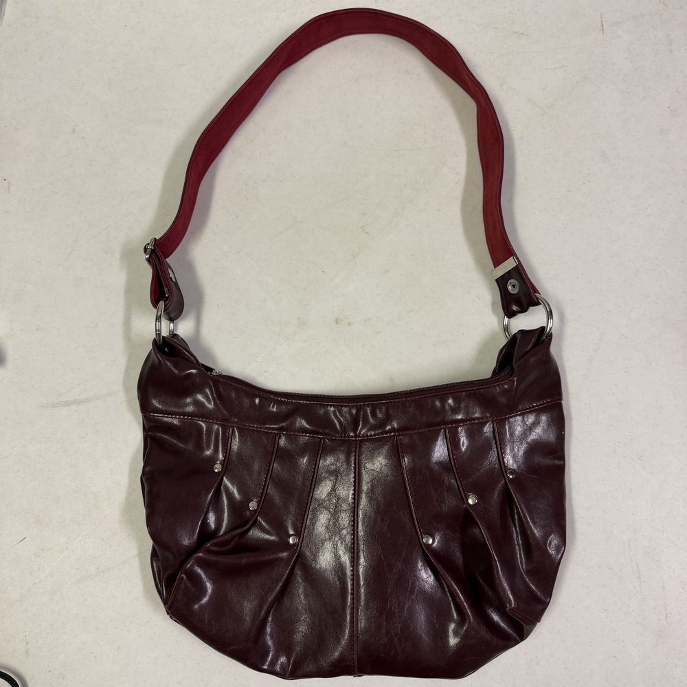 Crystalyn Kae Burgundy Vegan Leather Hobo Shoulder Bag Pleated Studded USA Made